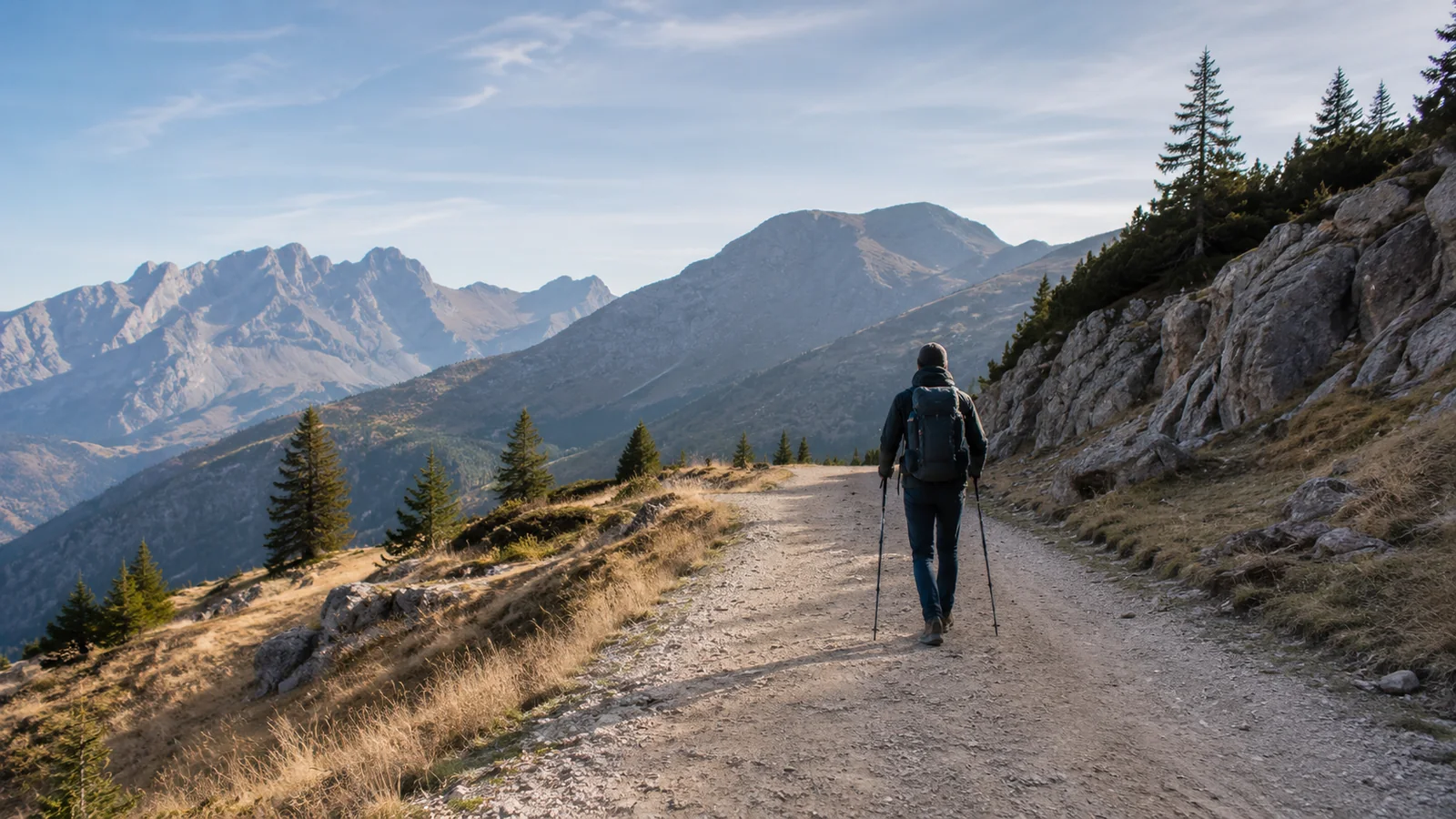 Senderista con bastones de trekking en un sendero