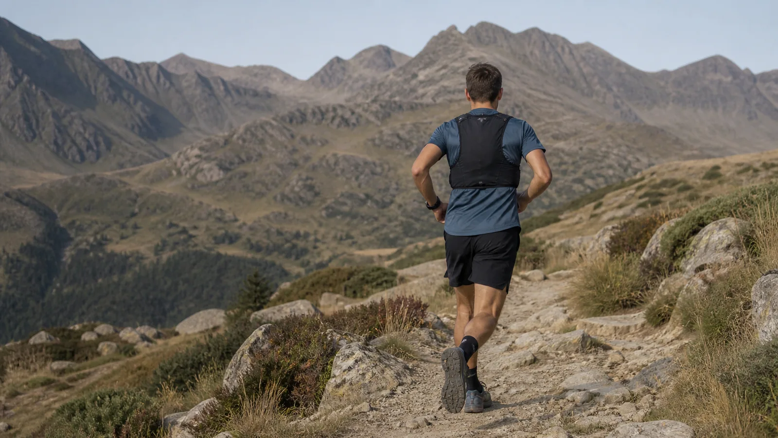 Corredor de trail visto de espaldas con chaleco de hidratación ceñido en una senda de montaña