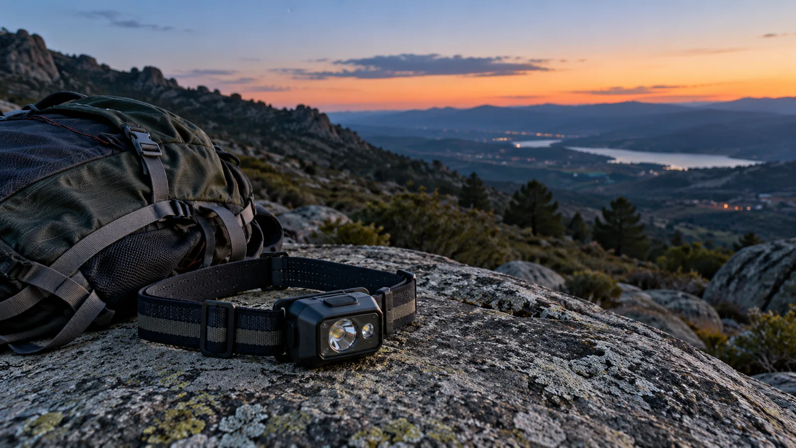 Frontal de montaña junto a una mochila sobre una roca al atardecer
