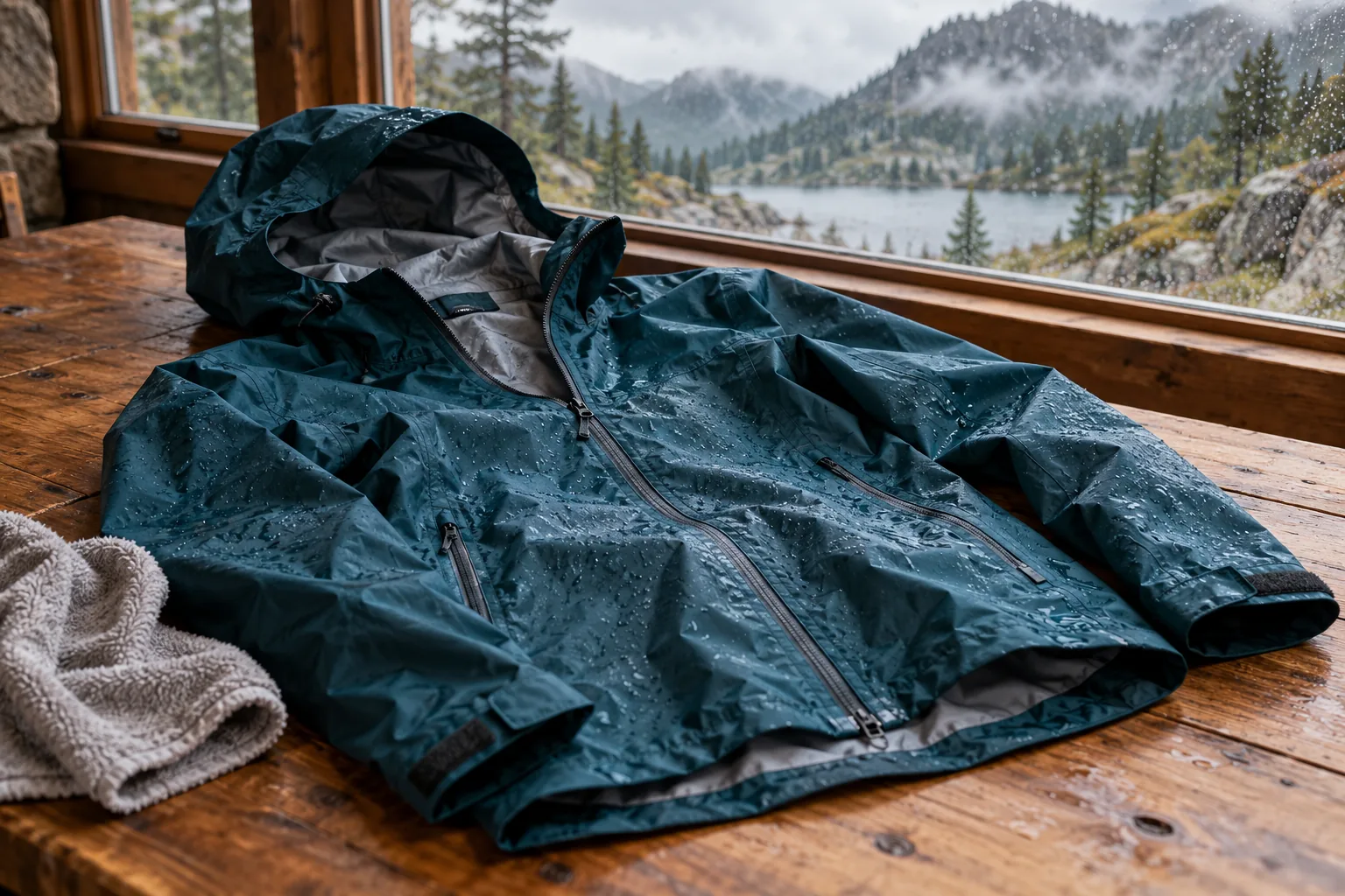 Chaqueta técnica impermeable sobre una mesa lista para su lavado