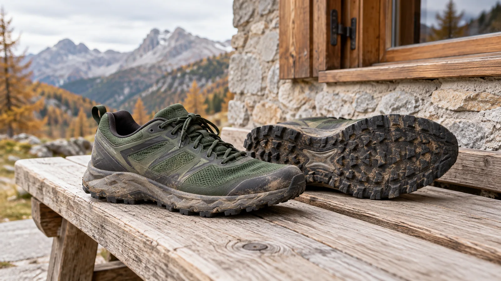 Zapatillas de trail usadas sobre un banco de madera, una de ellas con la suela a la vista