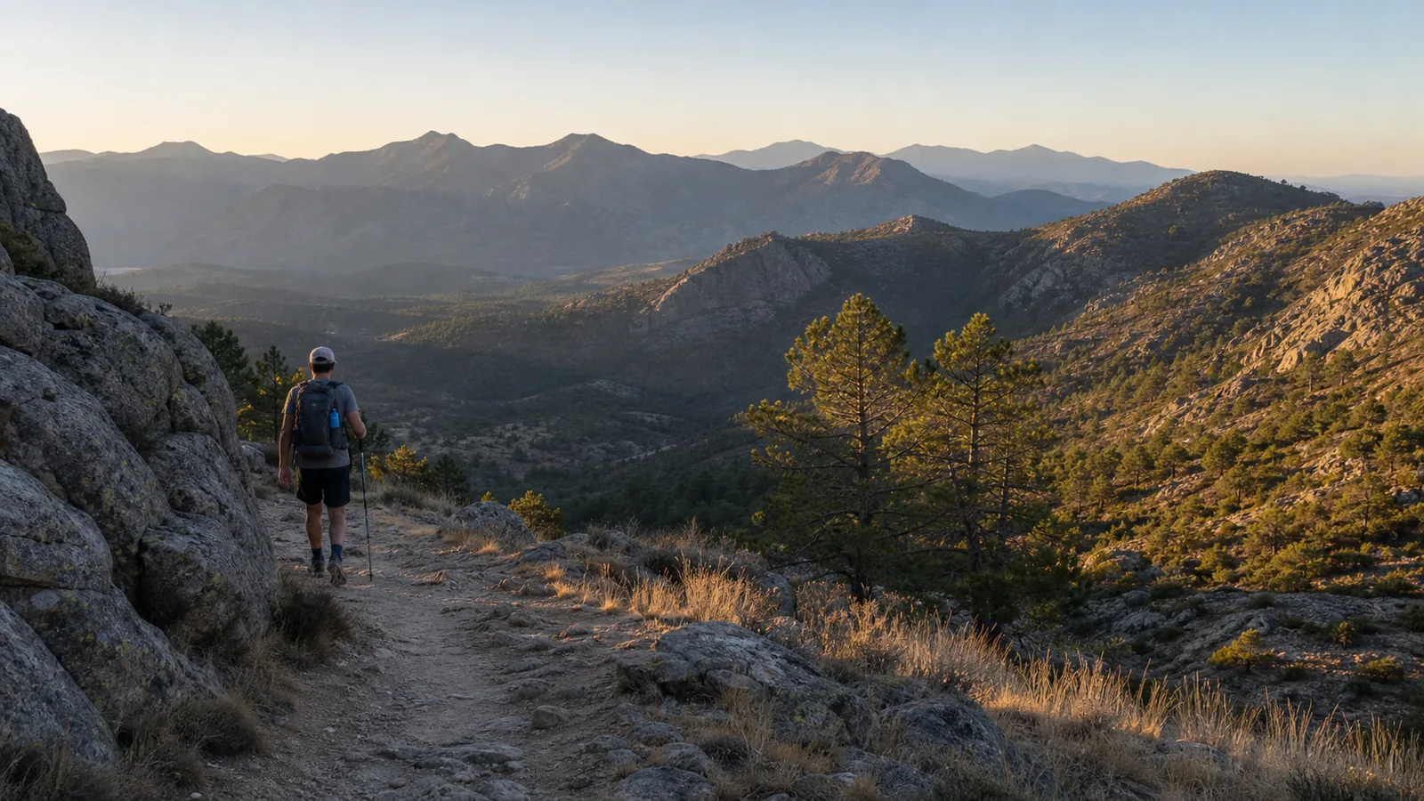 Senderista avanzando al amanecer por un camino de montaña seco con agua y gorra